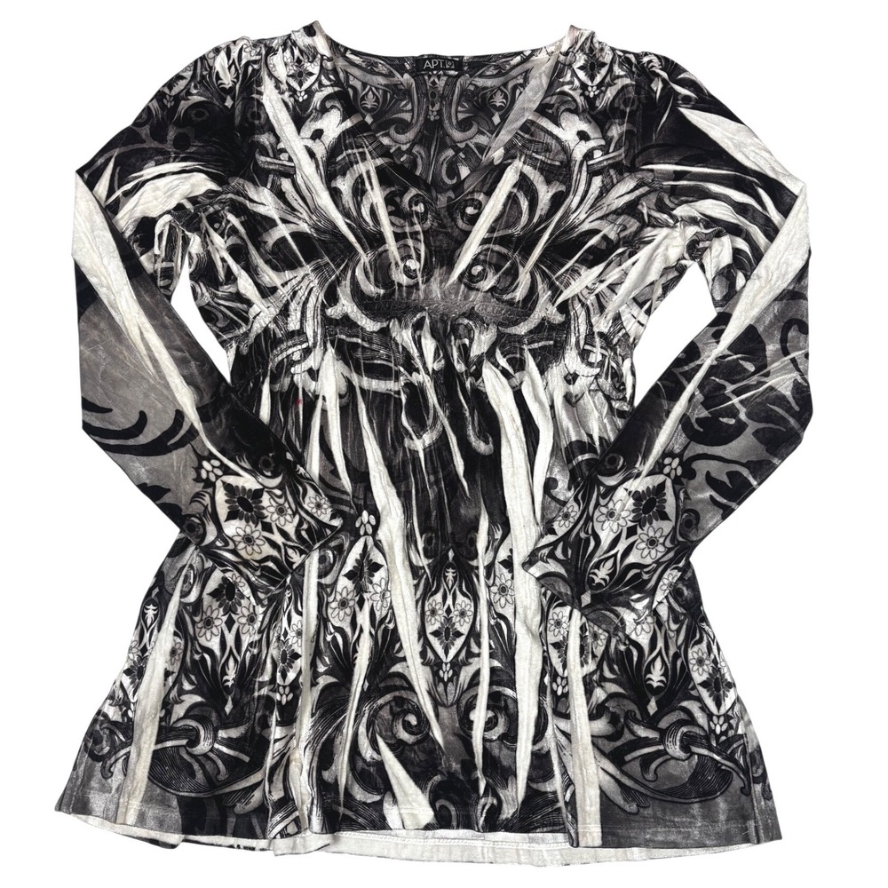 Women's V-Neck Long Sleeve Black White Graphic Print Tunic Top Shirt Y2K